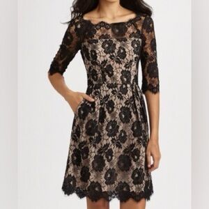 Milly of New York Black Lace Overlay 3/4 Sleeve Cocktail Dress Sz 8